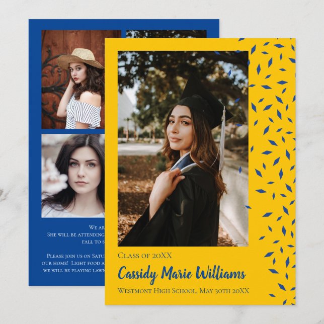 Invitación de graduación de Blue Gold Confetti (Anverso / Reverso)
