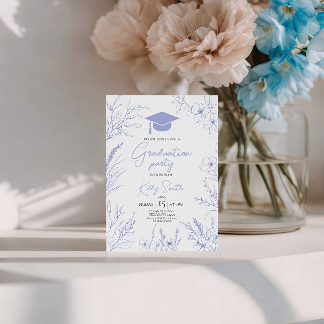 Invitación de Graduación de Boceto Botánico Azul (Subido por el creador)