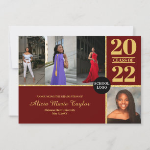 Invitación de graduación de Borgoña y Oro con Foto
