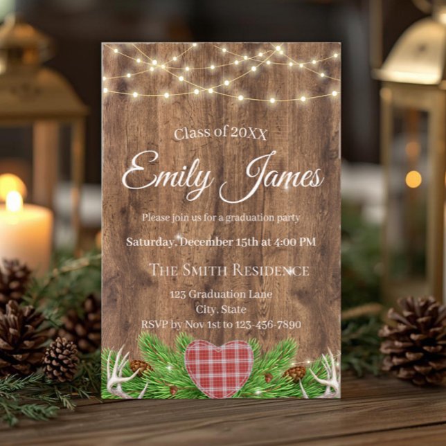 Invitación de Graduación de Bosque Rústico | Cierv (Rustic woodland graduation invitation with string lights, deer antlers and custom party details.)