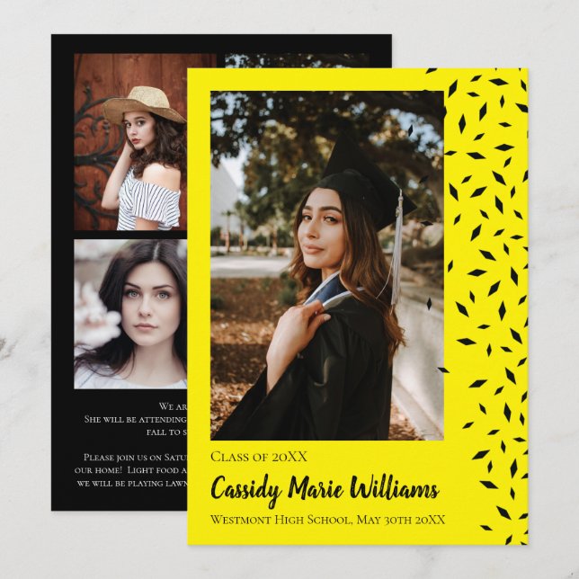 Invitación de graduación de confetti amarillo negr (Anverso / Reverso)