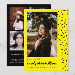 Invitación de graduación de confetti amarillo negr