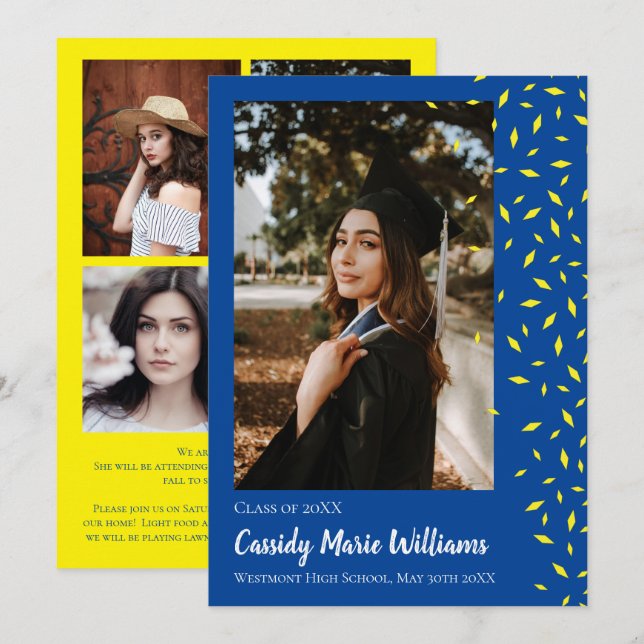Invitación de graduación de confetti azul amarillo (Anverso / Reverso)