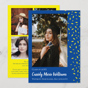Invitación de graduación de confetti azul amarillo