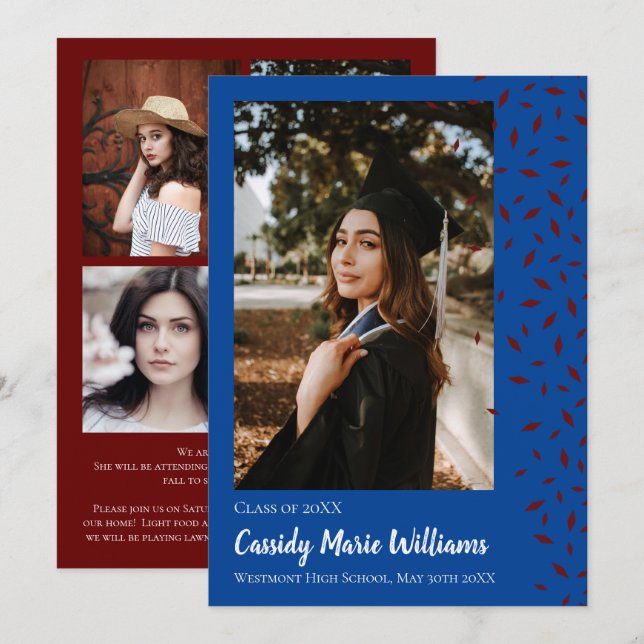 Invitación de graduación de confetti azul maroon (Anverso / Reverso)
