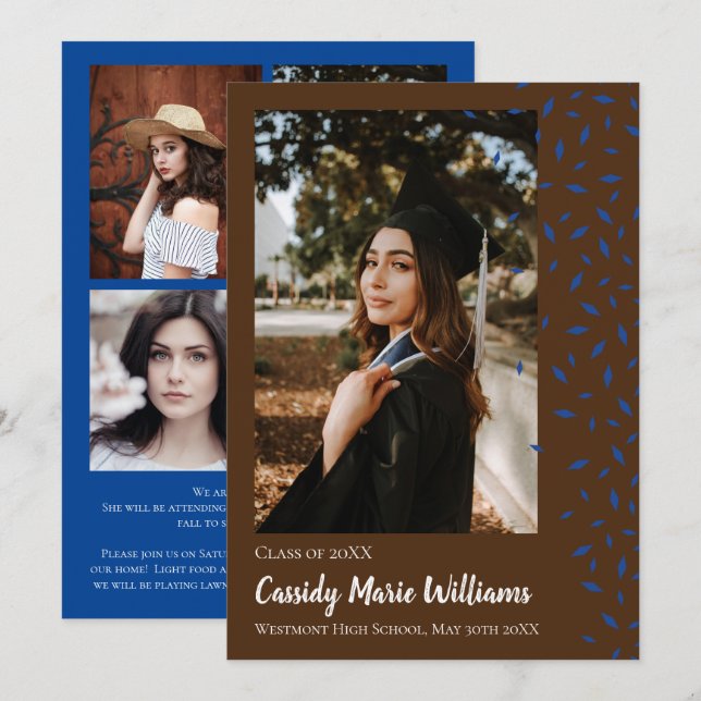 Invitación de graduación de confetti azul marrón (Anverso / Reverso)