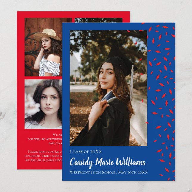 Invitación de graduación de confetti azul rojo (Anverso / Reverso)