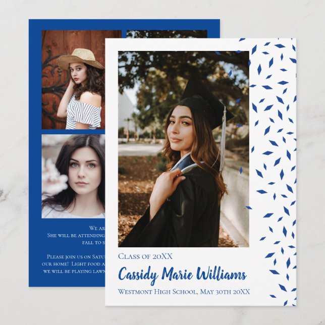Invitación de graduación de confetti blanco azul (Anverso / Reverso)