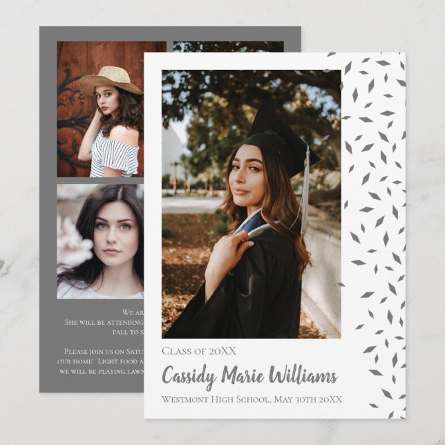 Invitación de graduación de confetti blanco gris (Anverso / Reverso)