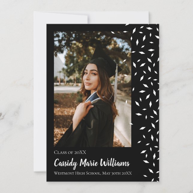 Invitación de graduación de Confetti Blanco Negro (Anverso)