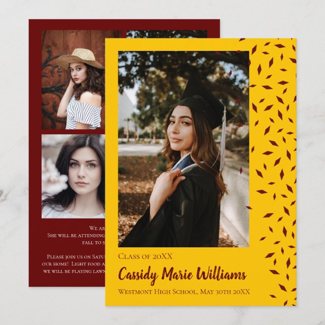 Invitación de Graduación de Confetti de Oro Maroon (Anverso / Reverso)