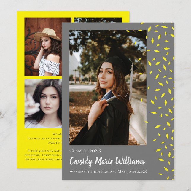 Invitación de graduación de confetti gris amarillo (Anverso / Reverso)