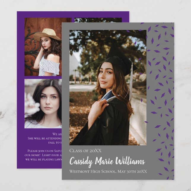 Invitación de graduación de confetti gris morado (Anverso / Reverso)