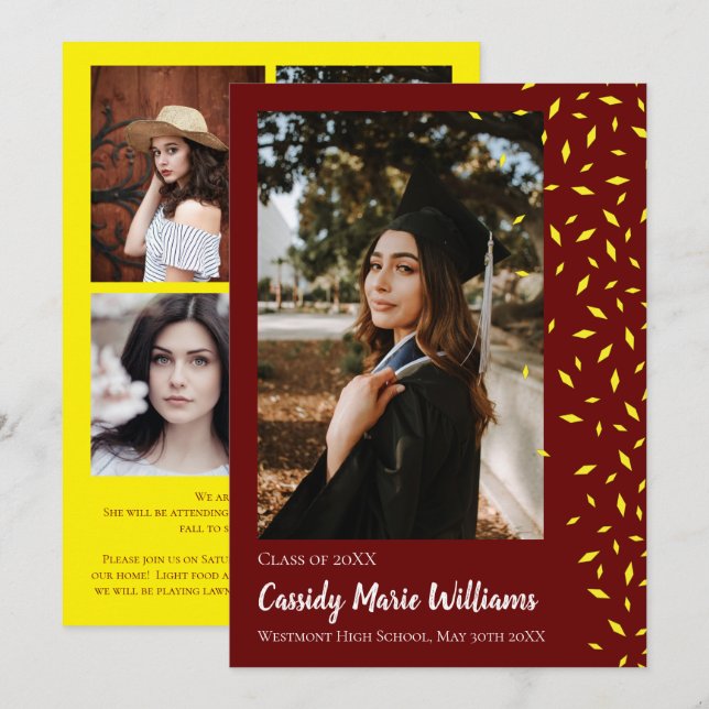 Invitación de Graduación de Confetti Maroon Amaril (Anverso / Reverso)