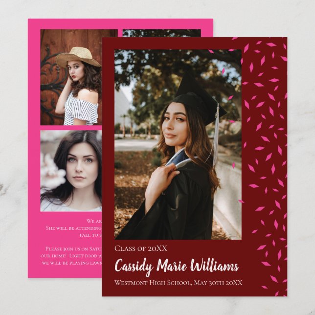 Invitación de Graduación de Confetti Maroon Rosa (Anverso / Reverso)