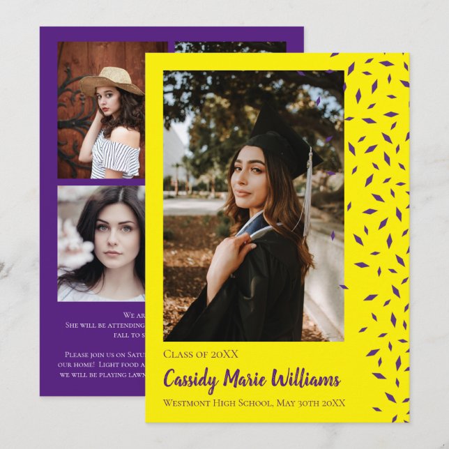 Invitación de graduación de confetti morado amaril (Anverso / Reverso)