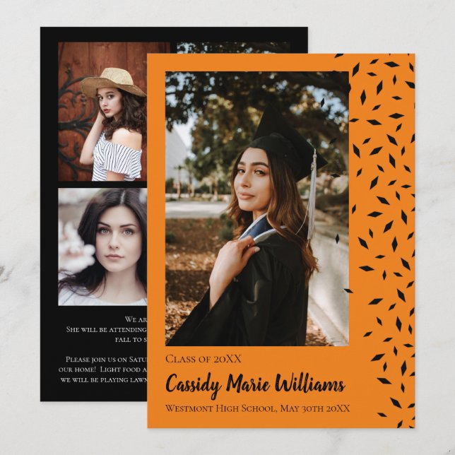 Invitación de graduación de Confetti Naranja negro (Anverso / Reverso)