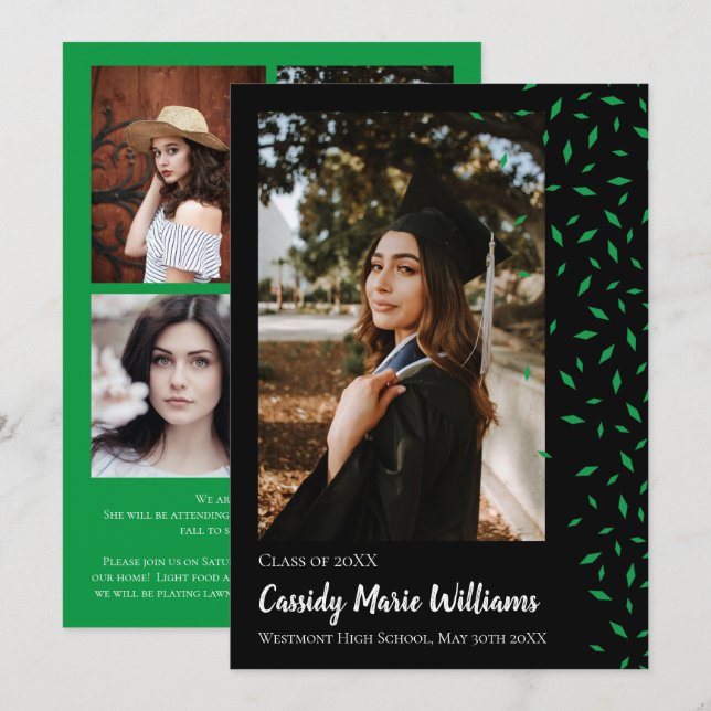 Invitación de Graduación de Confetti Negro Verde (Anverso / Reverso)