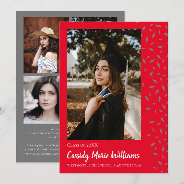 Invitación de Graduación de Confetti Rojo Gris (Anverso / Reverso)