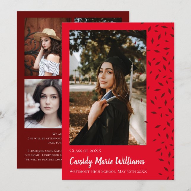 Invitación de Graduación de Confetti Rojo Maroon (Anverso / Reverso)