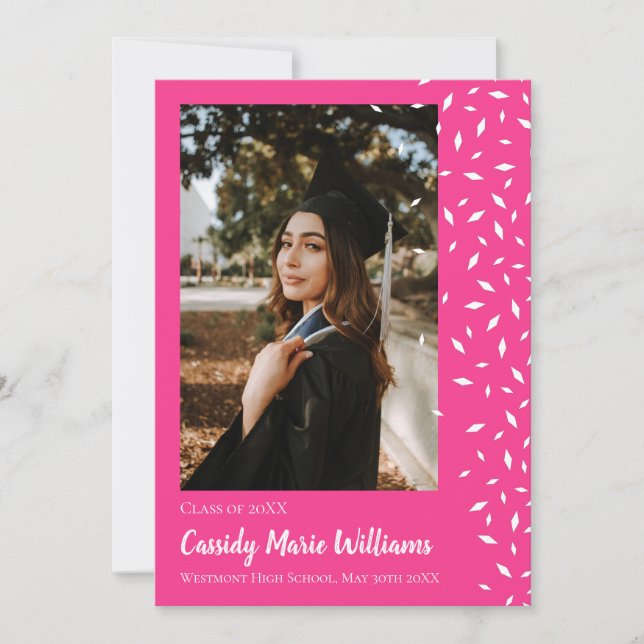 Invitación de graduación de confetti rosa blanco (Anverso)