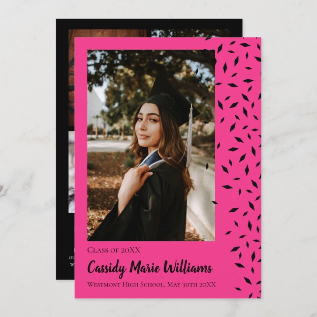 Invitación de graduación de confetti rosado negro (Anverso / Reverso)