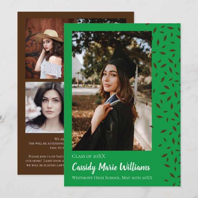 Invitación de graduación de Confetti verde marrón (Anverso / Reverso)