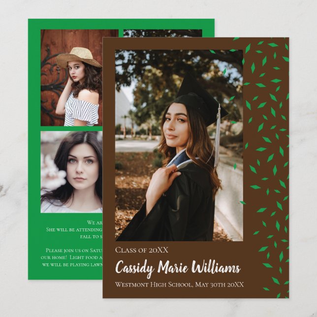 Invitación de Graduación de Confetti Verde Marrón (Anverso / Reverso)