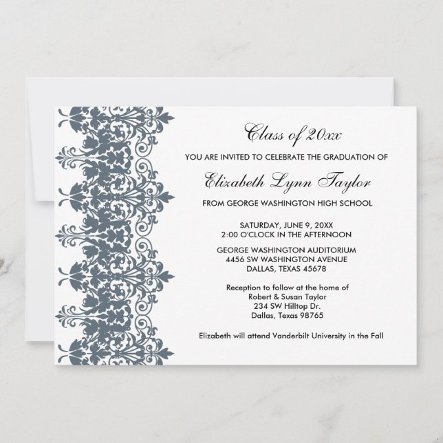 Invitación de graduación de damasco azul (Anverso)