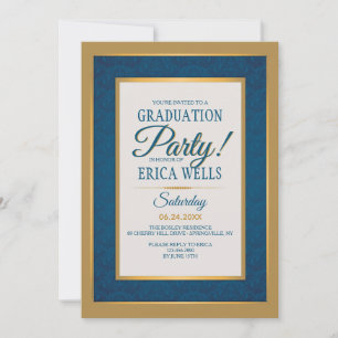 Invitación de graduación de damasco azul con borde