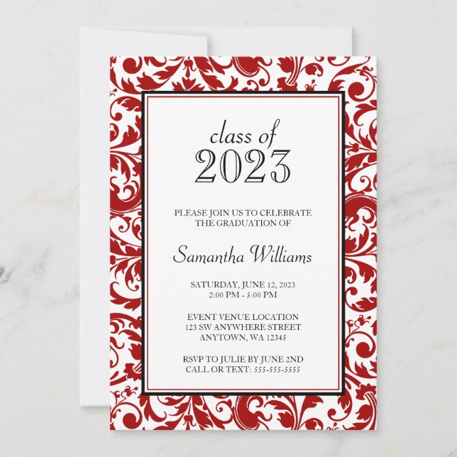 Invitación de graduación de Damasco de Swirl Rojo  (Anverso)