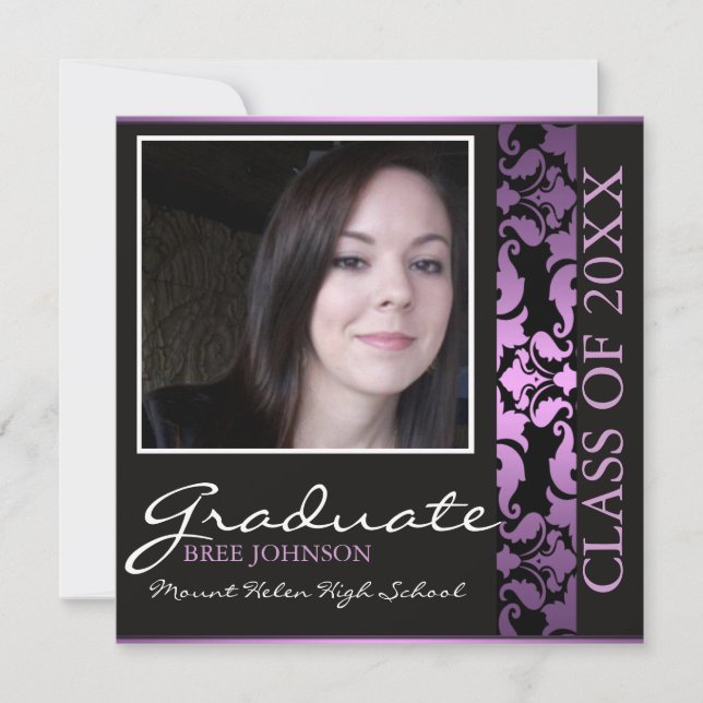 Invitación de graduación de Damasco morado y marró (Anverso)