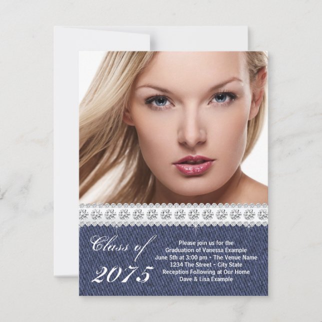 Invitación de Graduación de Denim Azul y Diamante (Anverso)