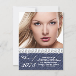 Invitación de Graduación de Denim Azul y Diamante