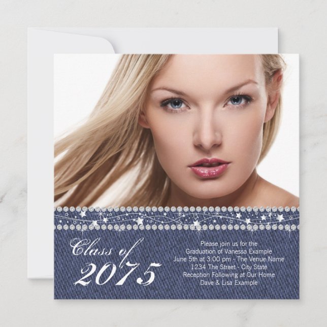 Invitación de Graduación de Denim Azul y Diamante (Anverso)
