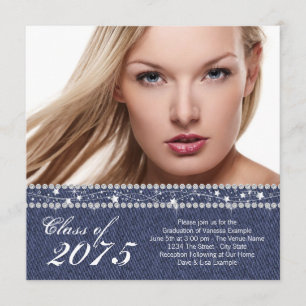 Invitación de Graduación de Denim Azul y Diamante