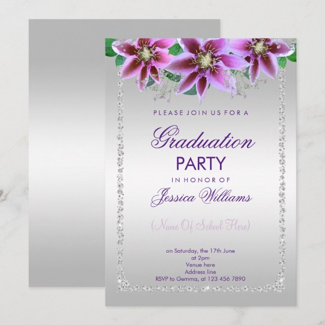Invitación de graduación de diamantes y flores con (Anverso / Reverso)