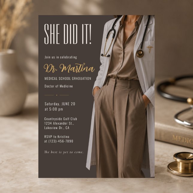 Invitación de Graduación de Doctora (Luxury female doctor graduation invitation with a modern editorial style and elegant mocha tones. 🤍)