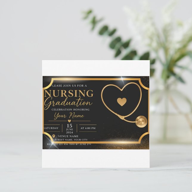 Invitación de graduación de enfermería Chic Black  (Anverso de pie)