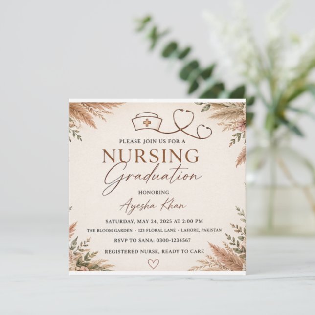Invitación de graduación de enfermería floral boho (Anverso de pie)