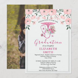 Invitación de Graduación de Enfermería Floral Rosa