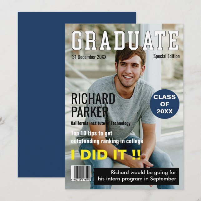 Invitación de graduación de estilo de revista pers (Anverso / Reverso)