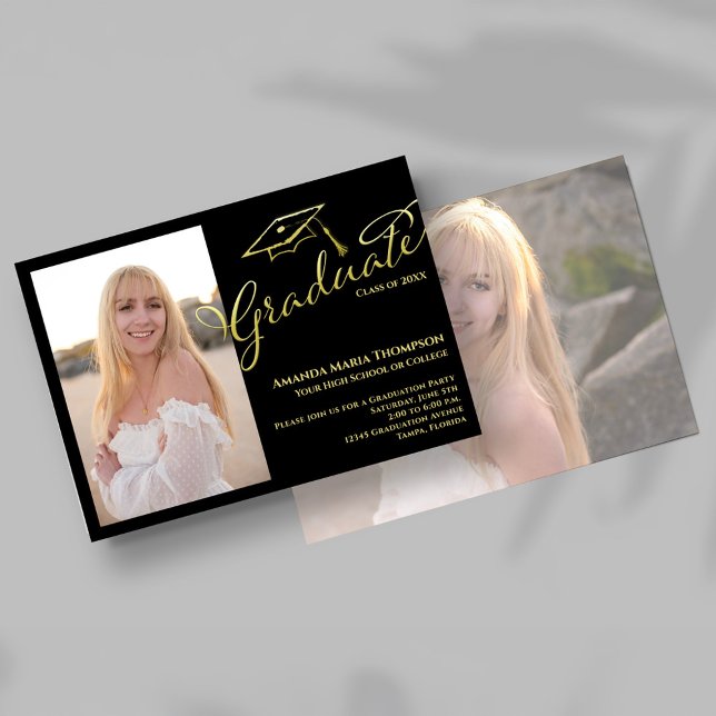 Invitación de Graduación de Fiesta con Foto de Gui (Black and gold script graduation invitation with graduate photo and cap illustration.)