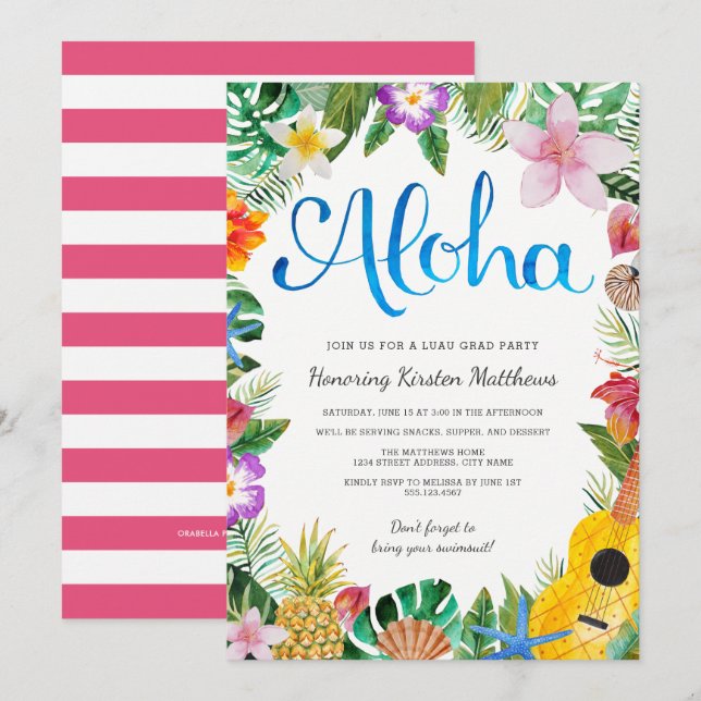 Invitación de graduación de fiesta hawaiana al agu (Anverso / Reverso)