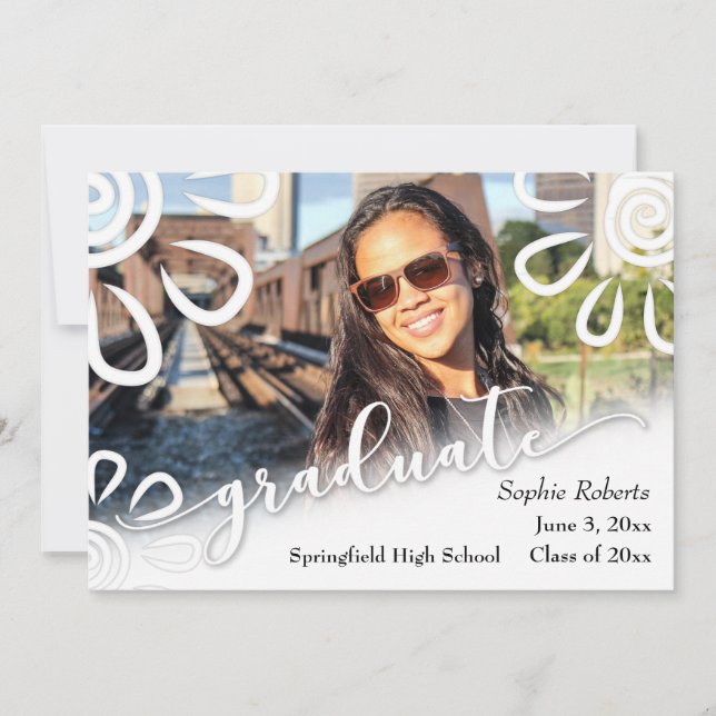 Invitación de graduación de Floral blanca/Pic (Anverso)