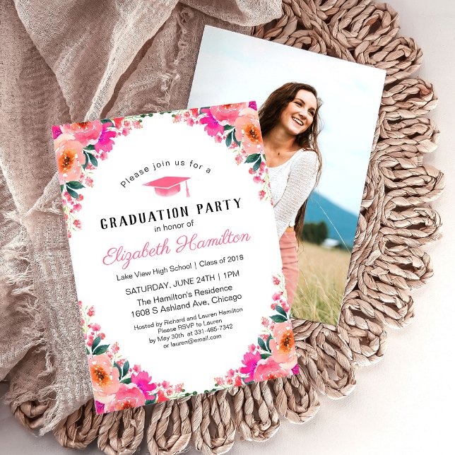 Invitación de graduación de flores rosadas brillan (Subido por el creador)