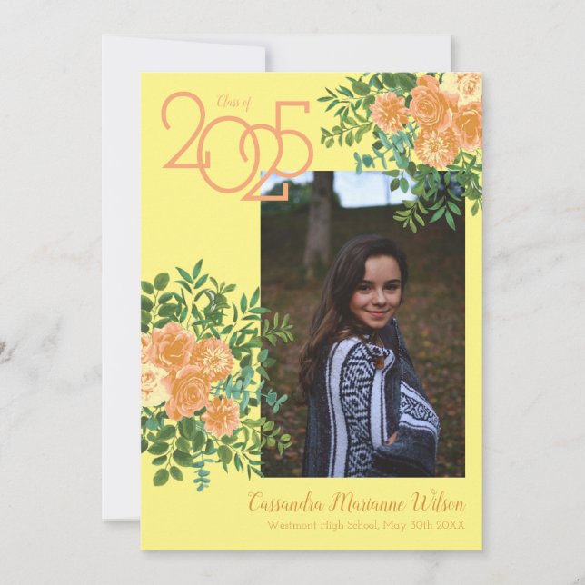 Invitación de graduación de foto amarilla Rosa de  (Anverso)
