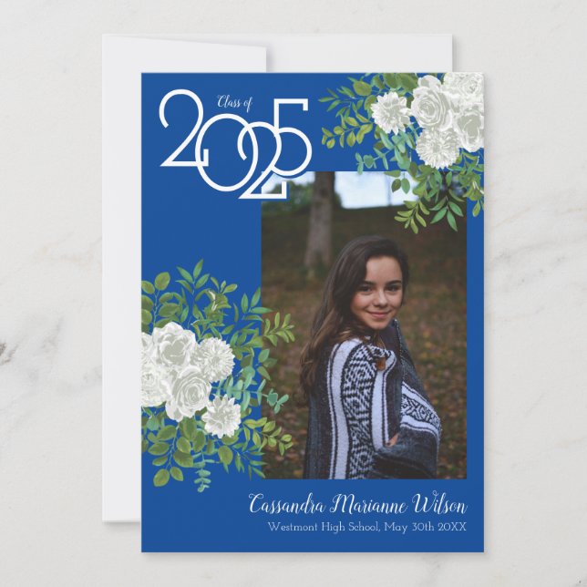 Invitación de Graduación de Foto Azul Rosa Blanca (Anverso)