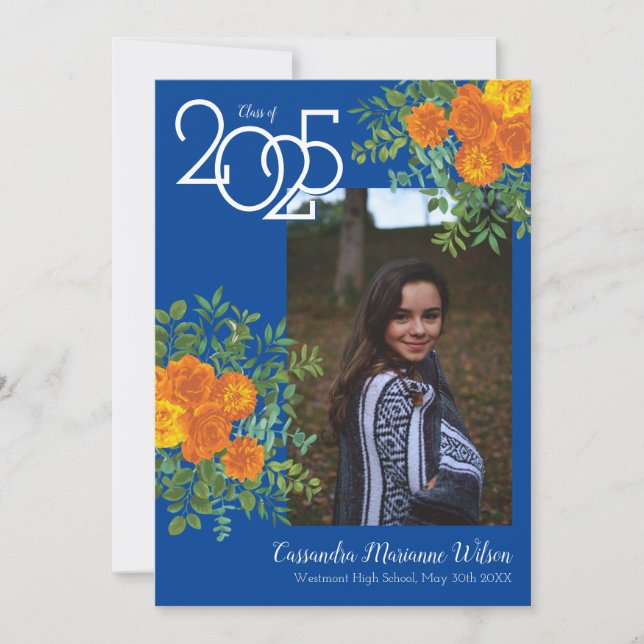 Invitación de graduación de foto azul Rosa naranja (Anverso)