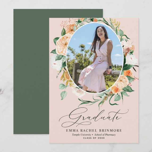 Invitación de Graduación de Foto Boho Pink Botanic (Anverso / Reverso)